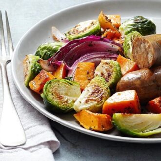 Chicken apple sausage with squash and brussles