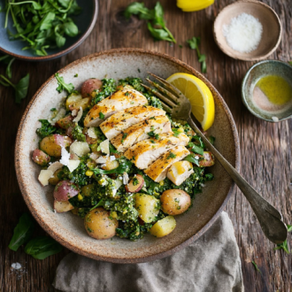 Lemon Chicken with Arugula Pesto Potato Salad
