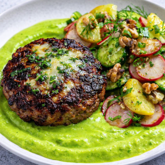 Herby Beef Patty with Radish Salad & Pea Purée