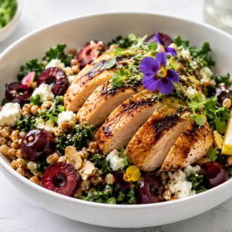 Cherry Farro & Kale Chicken Salad